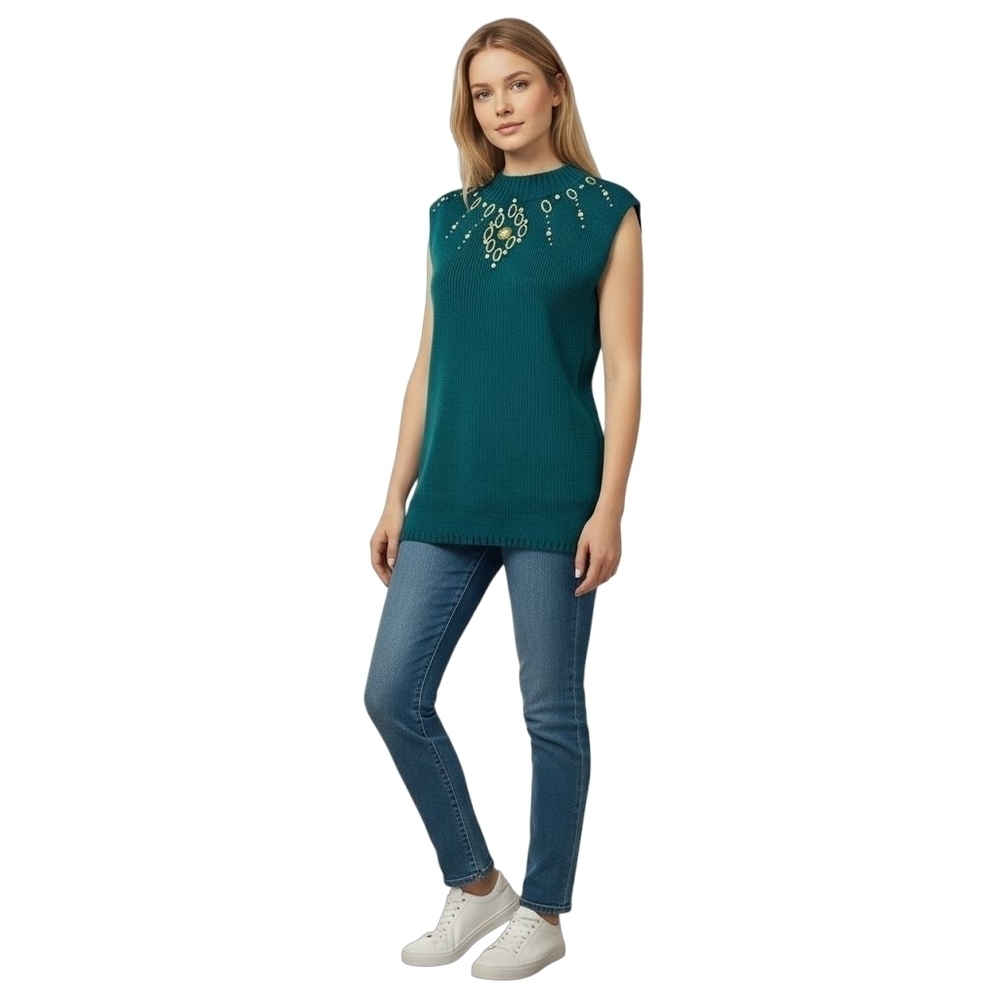 Vintage Womens Sweater Embellished Ribbed Mock Neck Sleeveless OS Teal Longline
